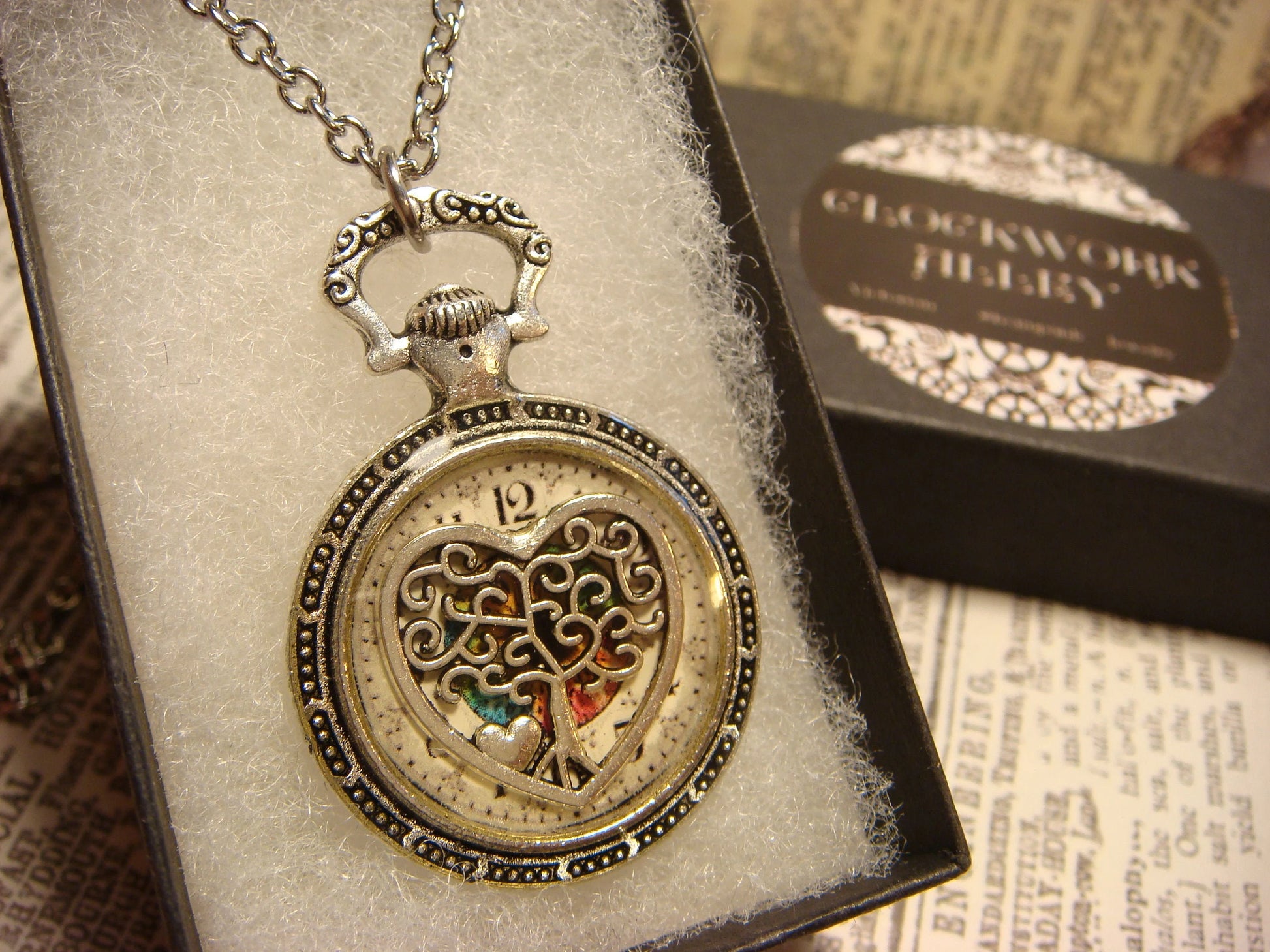 Tree Heart over Clock Pocket Watch Pendant Necklace Clockwork Alley