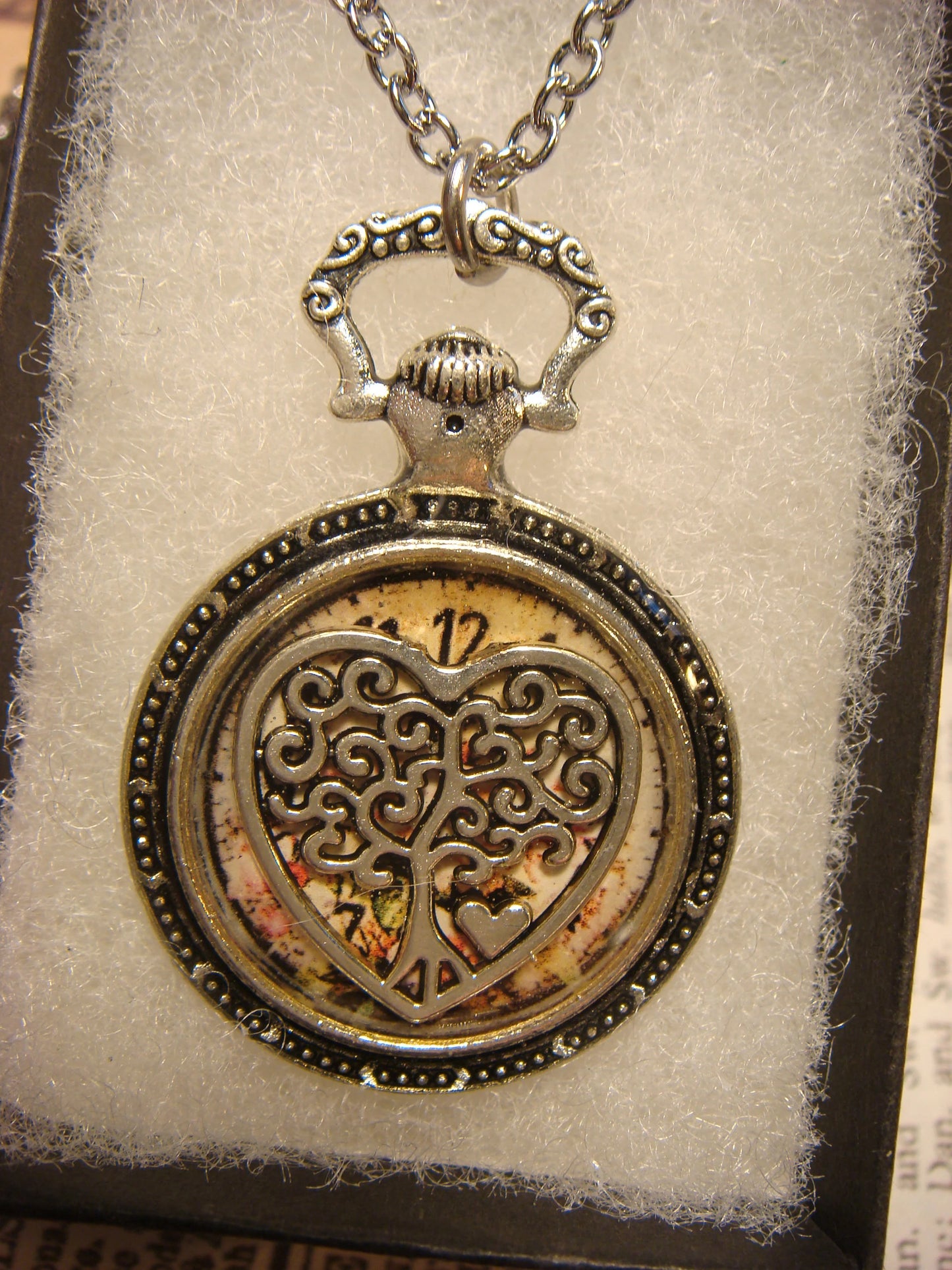 Tree Heart over Floral Clock Pocket Watch Pendant Necklace