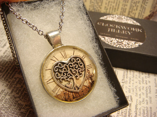 Tree Heart over Victorian Clock Pendant Necklace