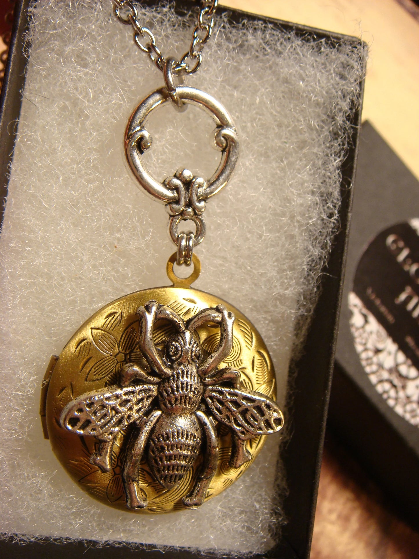 Bee Locket Necklace in Antique Silver and Bronze