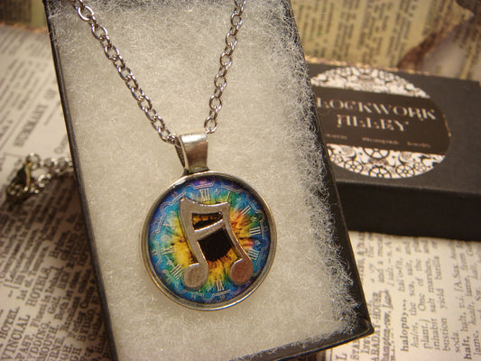 Notes over Colorful Clock Small Pendant Necklace