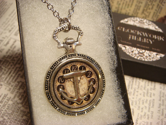 Anchor over Clock Pocket Watch Pendant Necklace