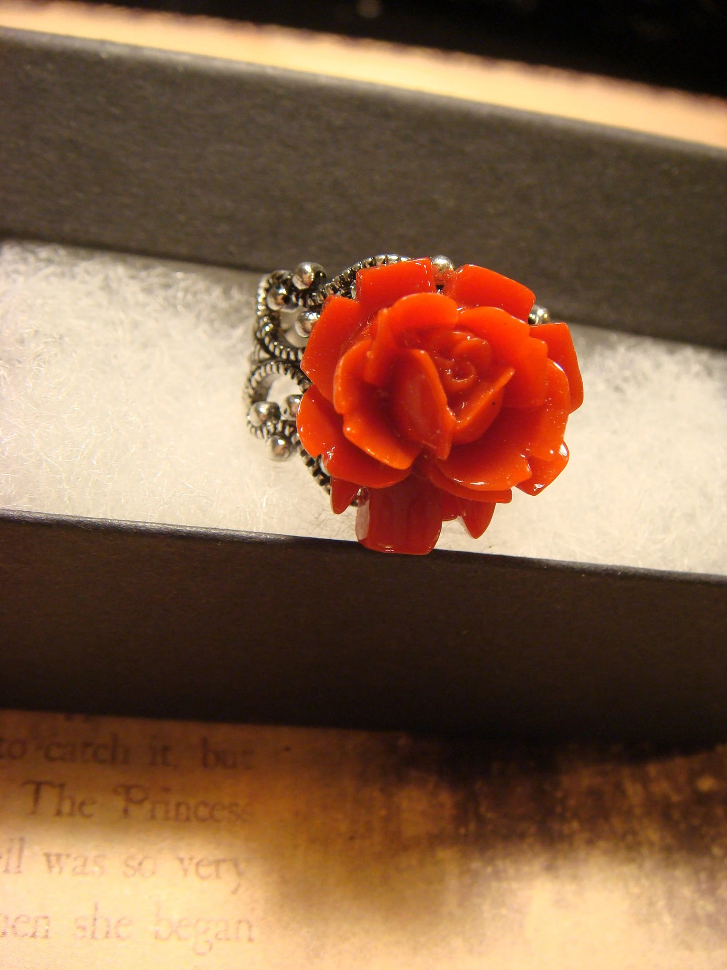 Red Rose Filigree Ring in Antique Silver - Adjustable