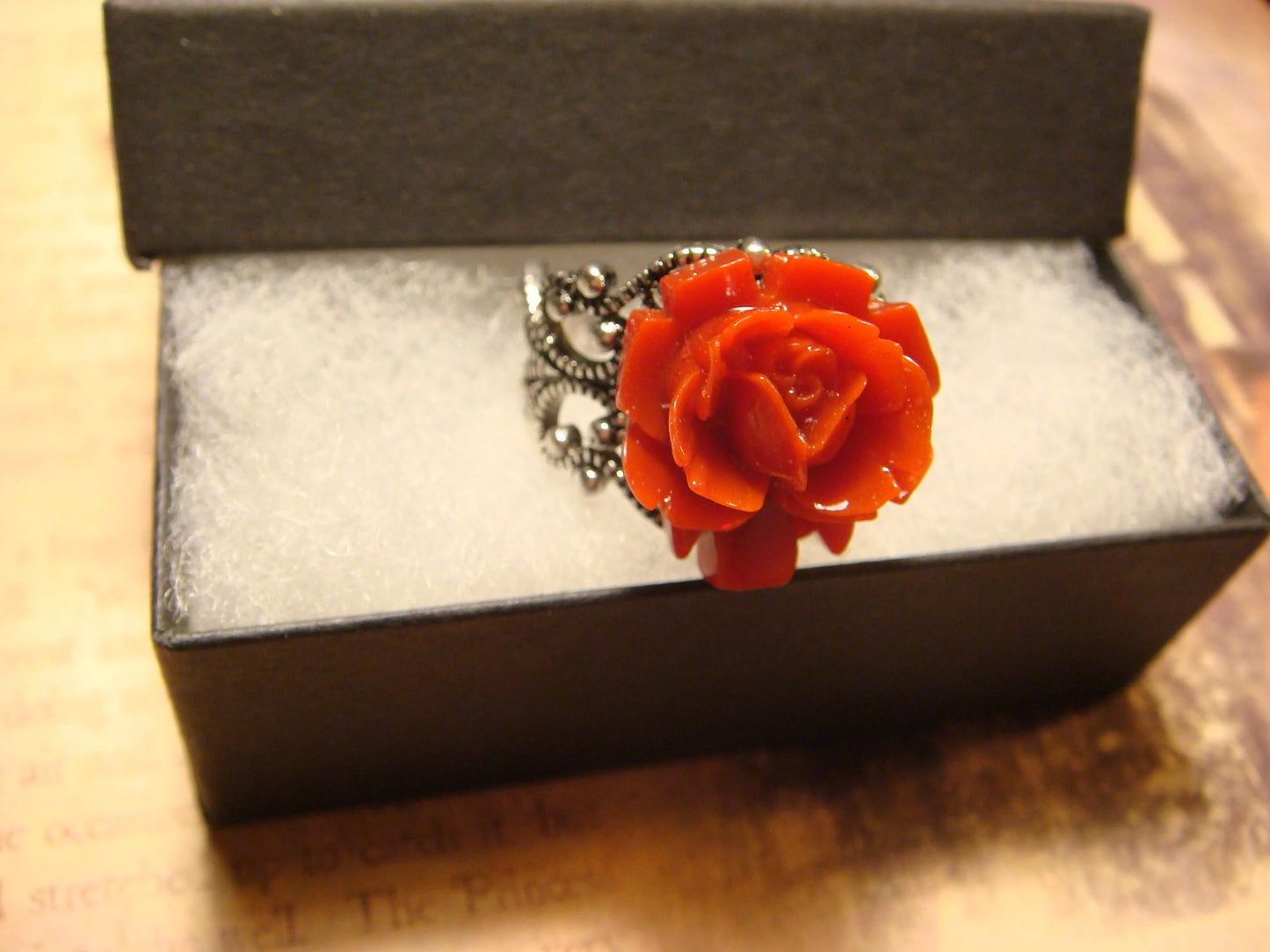 Red Rose Filigree Ring in Antique Silver - Adjustable