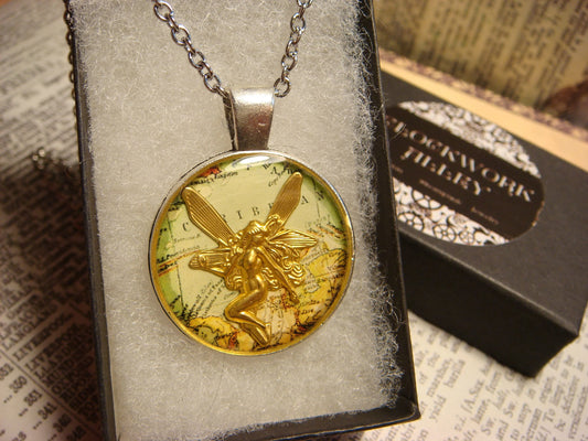 Fairy over Map Pendant Necklace