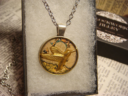Hummingbird over Map Small Pendant Necklace