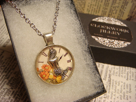 Mermaid over Floral Clock Small Pendant Necklace