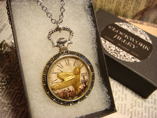 Hummingbird over Victorian Clock Pocket Watch Pendant Necklace
