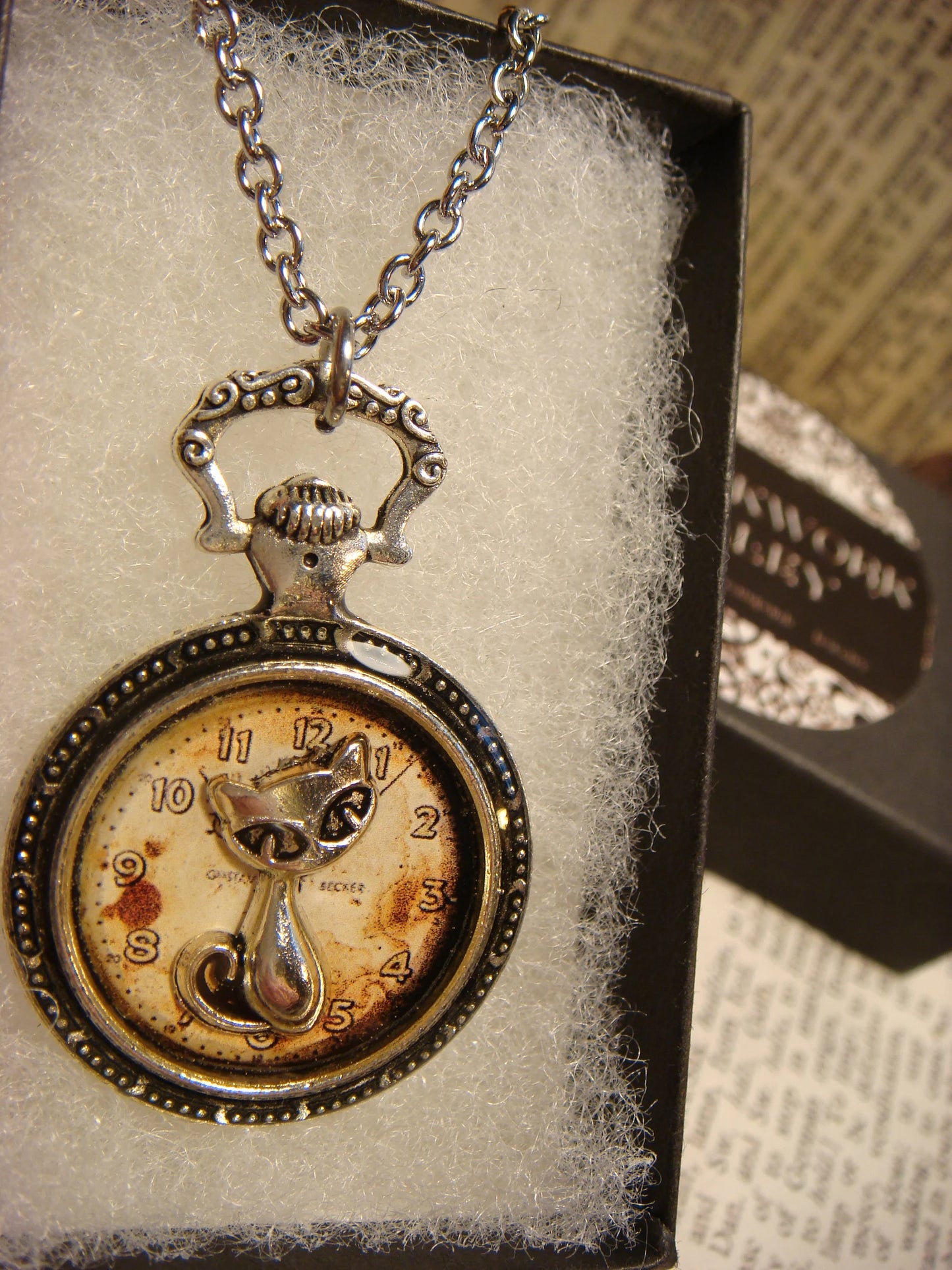 Cat over Clock Pocket Watch Pendant Necklace