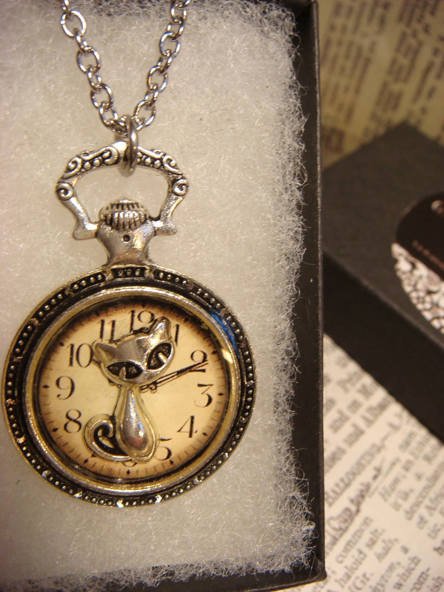 Cat over Clock Pocket Watch Pendant Necklace