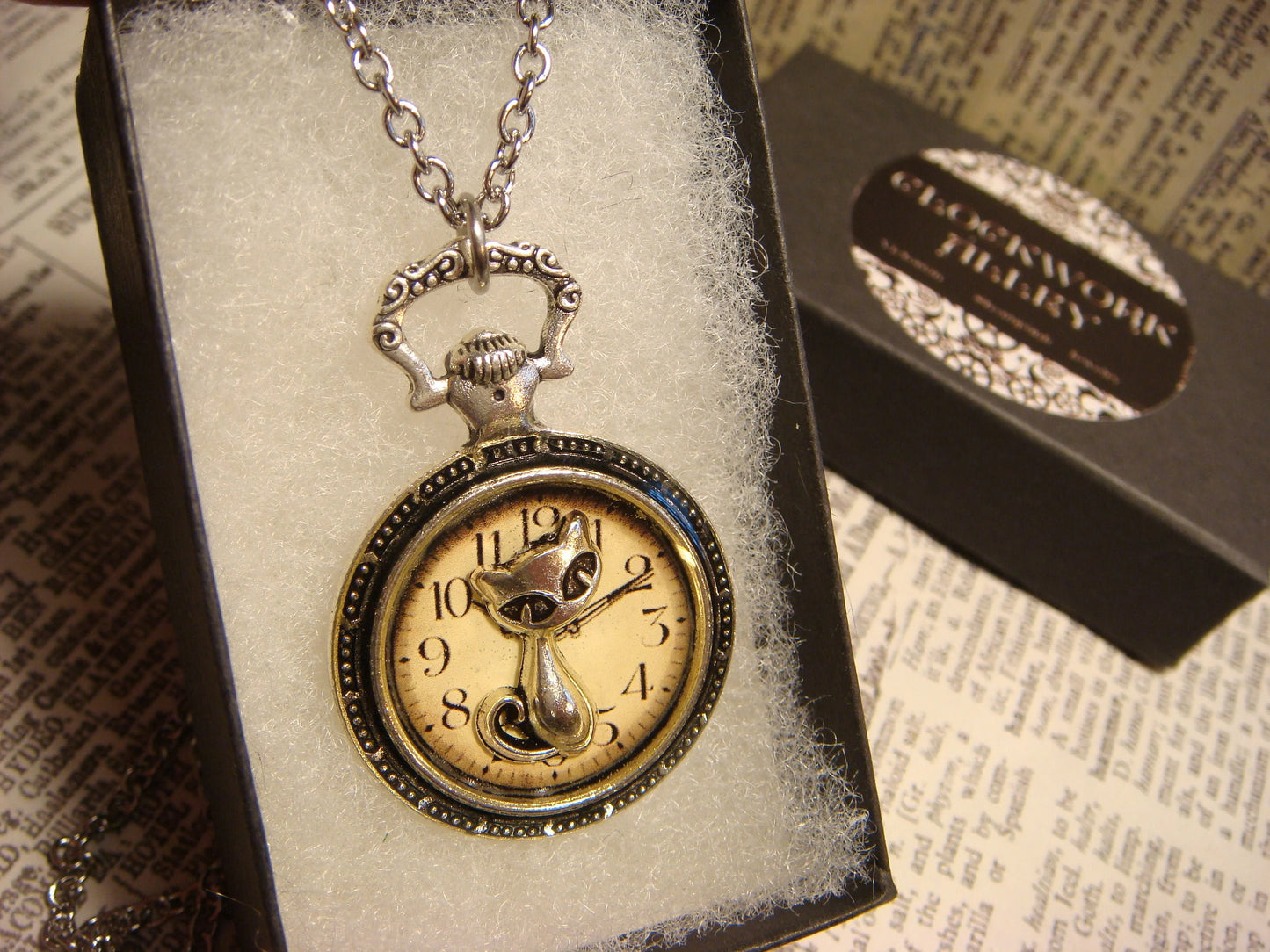 Cat over Clock Pocket Watch Pendant Necklace