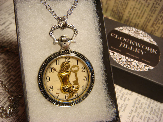 Mermaid and Key over Clock Pocket Watch Pendant Necklace