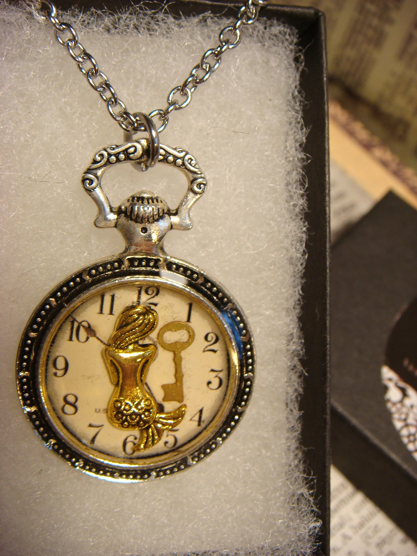 Mermaid and Key over Clock Pocket Watch Pendant Necklace