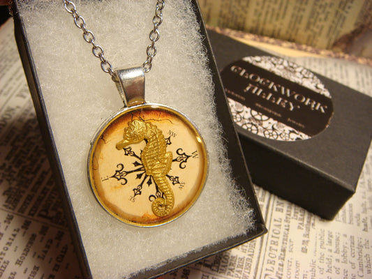 Seahorse over Compass Pendant Necklace