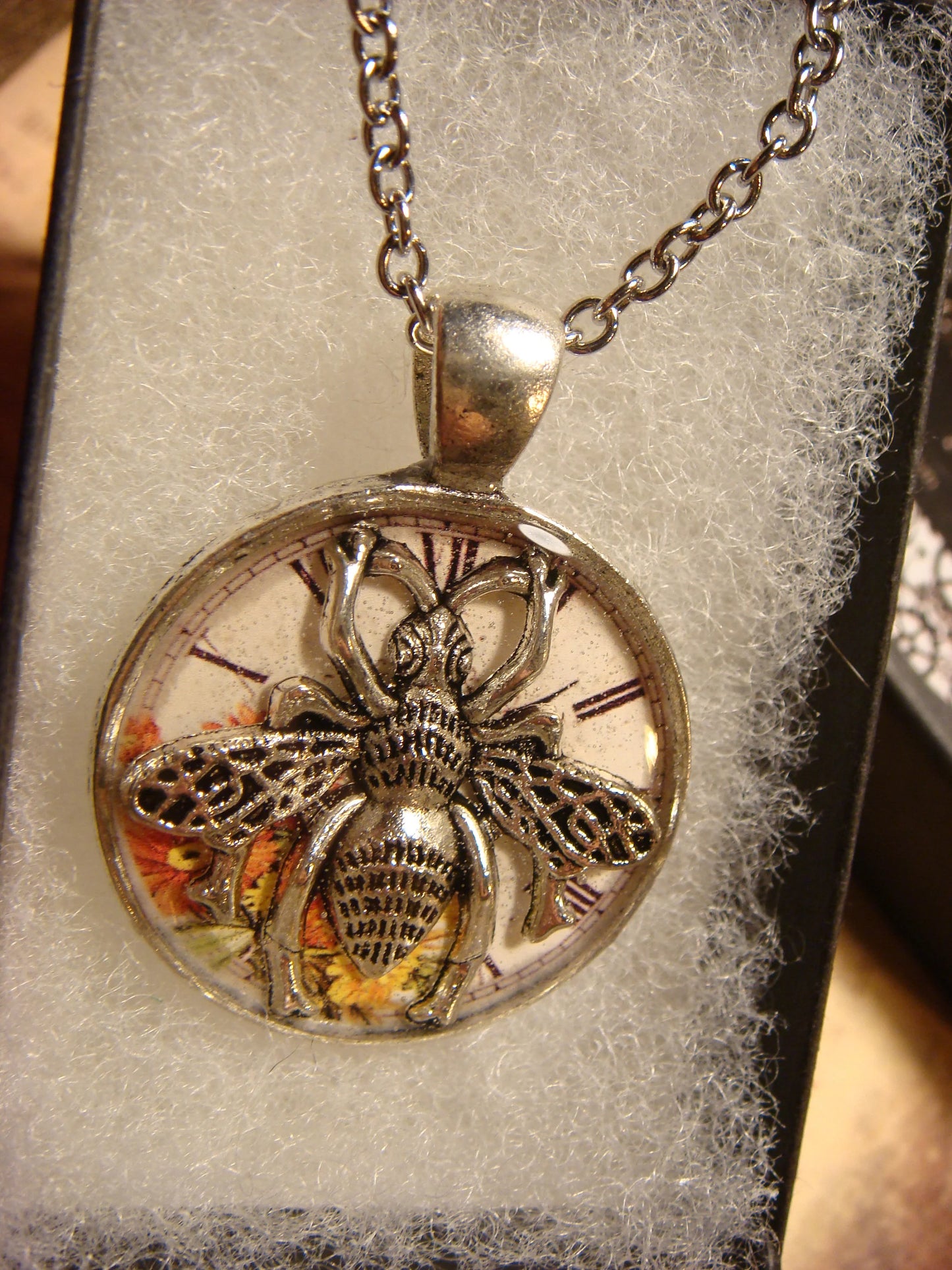 Bee over Floral Clock Pendant Necklace