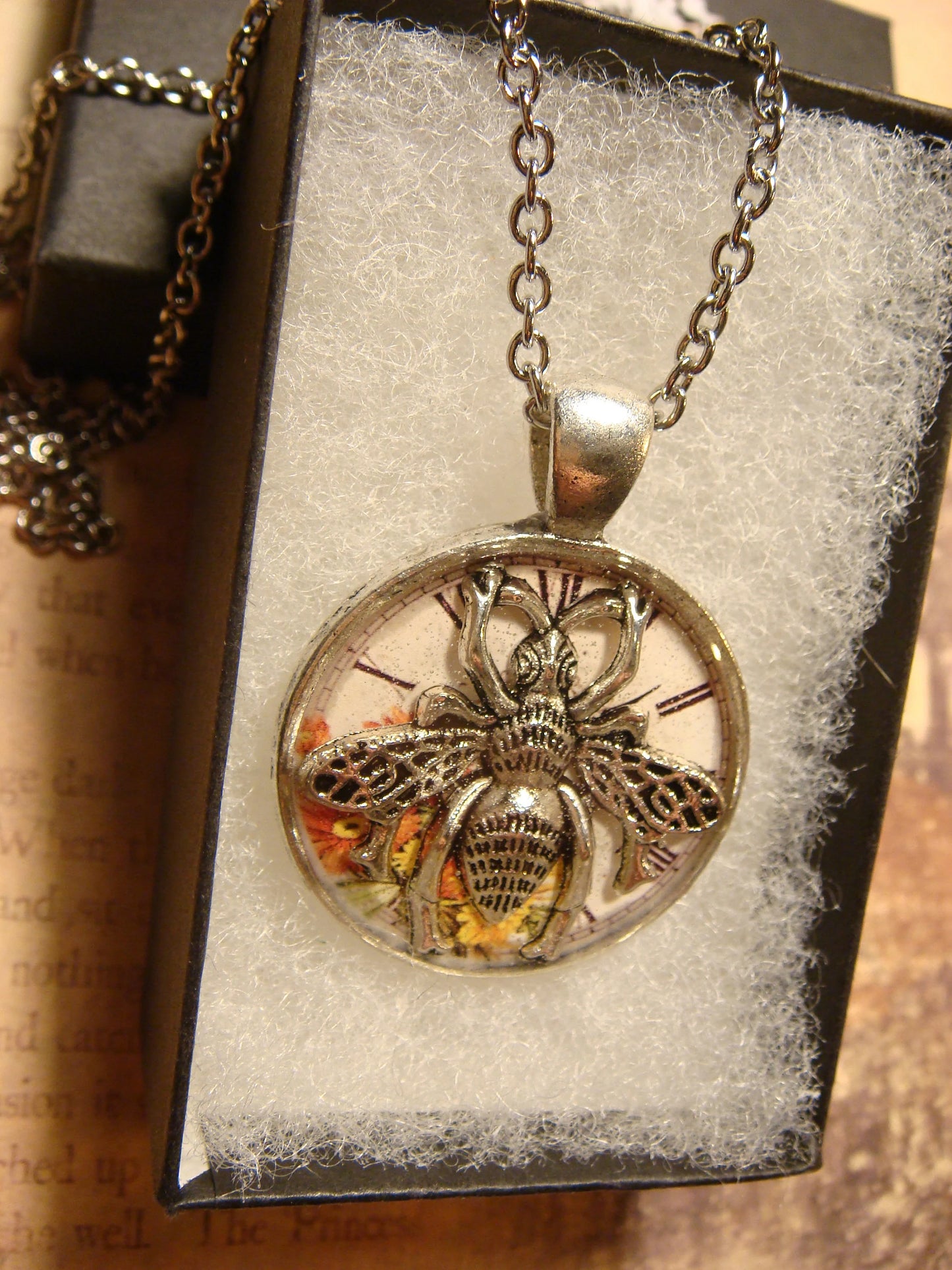 Bee over Floral Clock Pendant Necklace