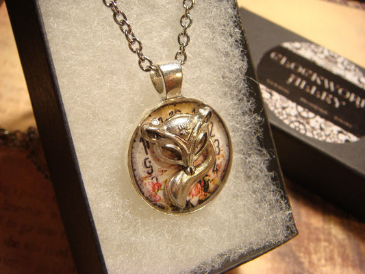Fox over Floral Clock Small Pendant Necklace