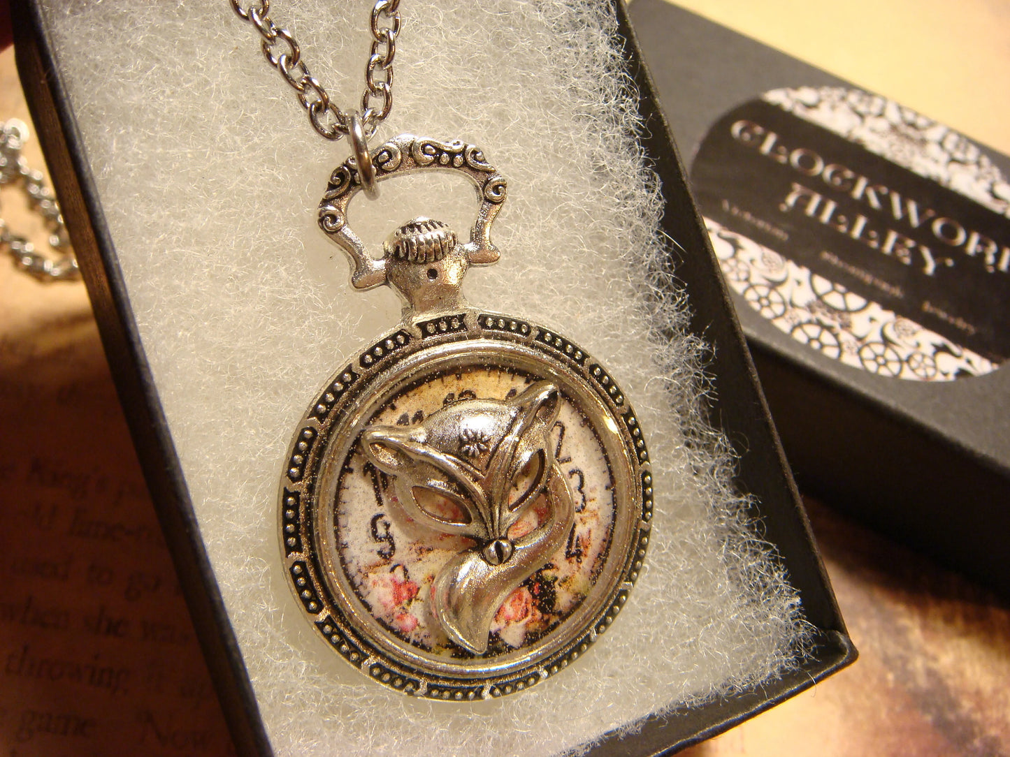 Fox over Floral Clock Pocket Watch Pendant Necklace