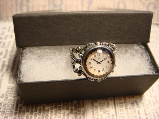 Clock Image Filigree Ring in Antique Silver - Adjustable