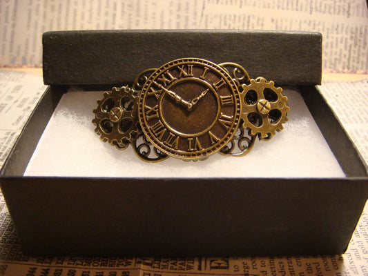 Steampunk Clock and Gears Barrette in Antique Bronze - Small
