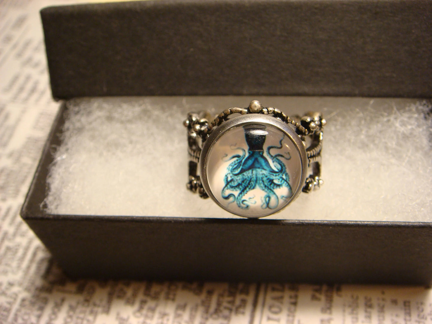 Blue Octopus Image Filigree Ring in Antique Silver - Adjustable