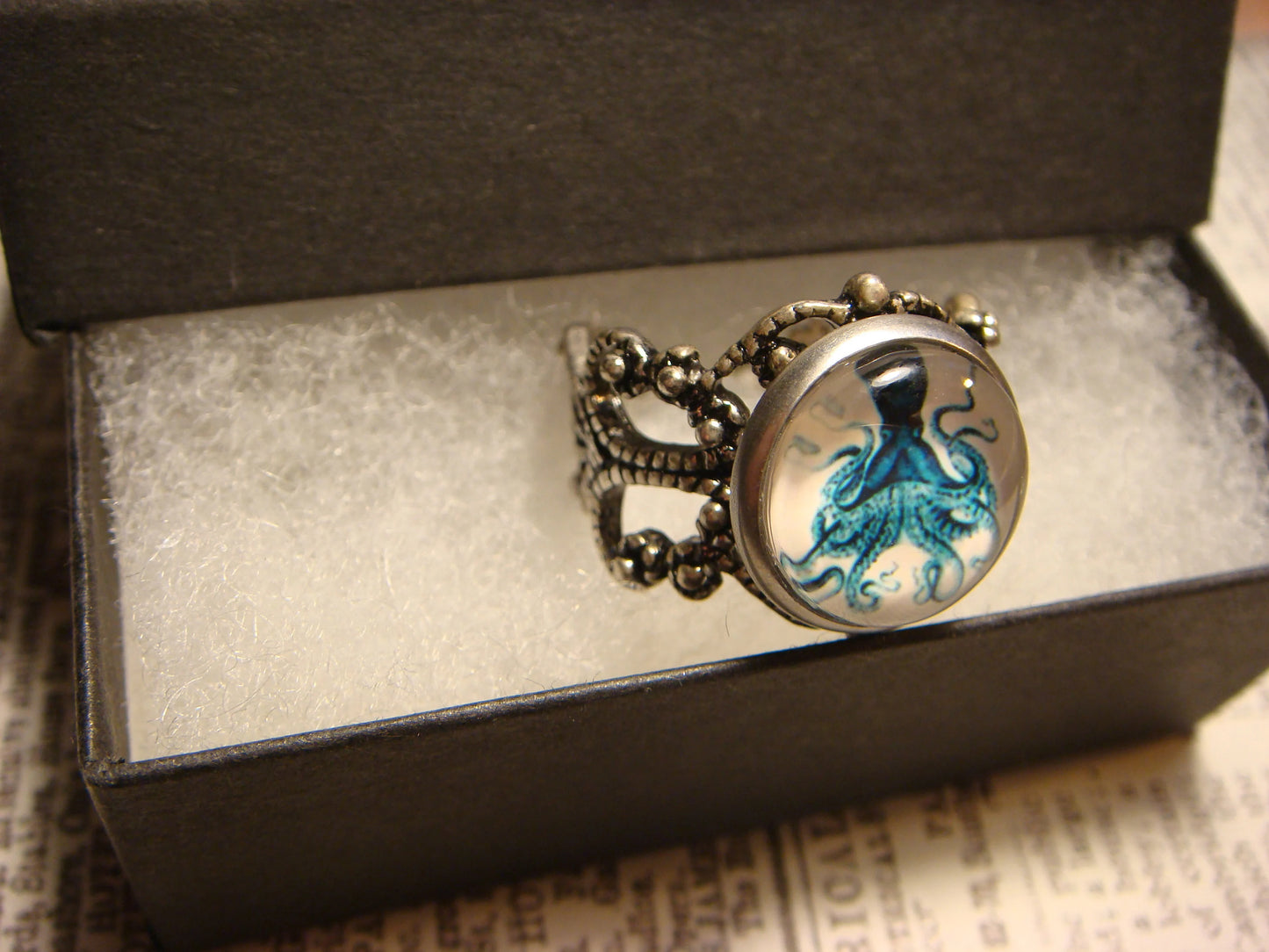 Blue Octopus Image Filigree Ring in Antique Silver - Adjustable