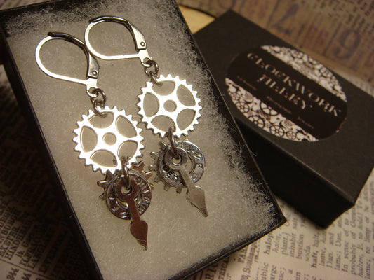 Gears and Bullet Slice Dangle Earrings in Antique Silver