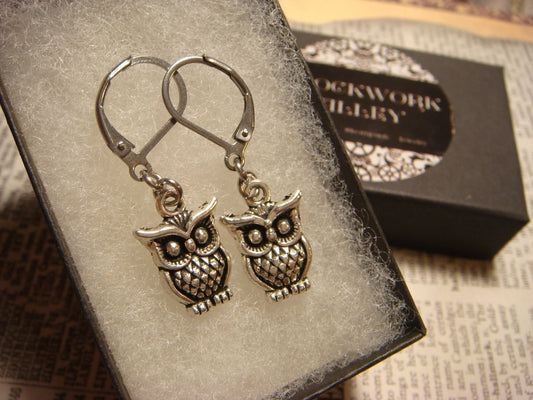 Owl Dangle Earrings in Antique Silver