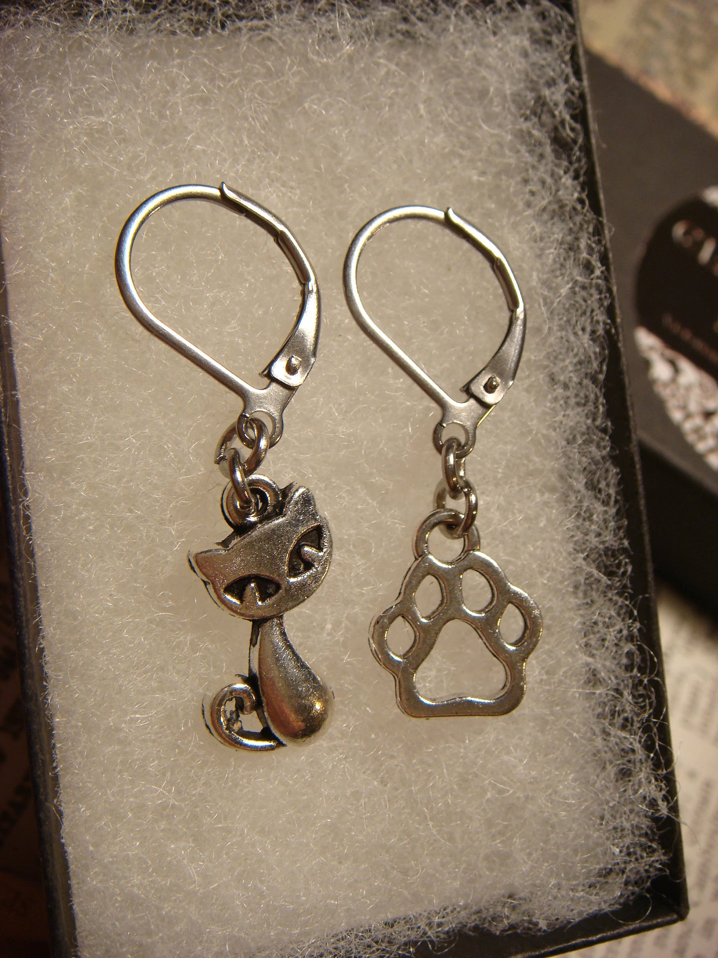 Cat and Paw Dangle Earrings in Antique Silver