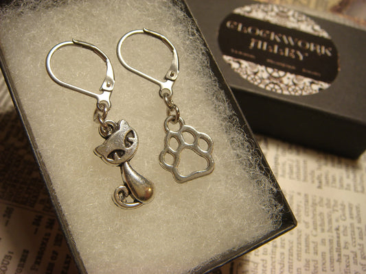 Cat and Paw Dangle Earrings in Antique Silver