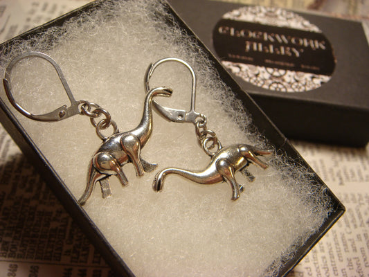 Dinosaur Bronto Dangle Earrings in Antique Silver