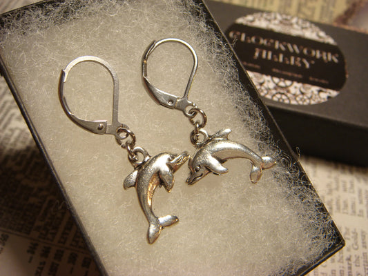 Dolphin Dangle Earrings in Antique Silver