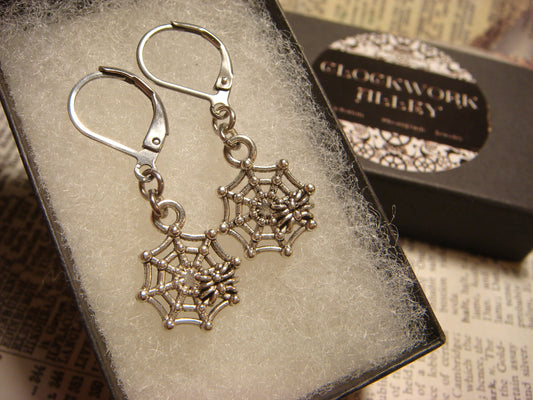 Spider Web Dangle Earrings in Antique Silver