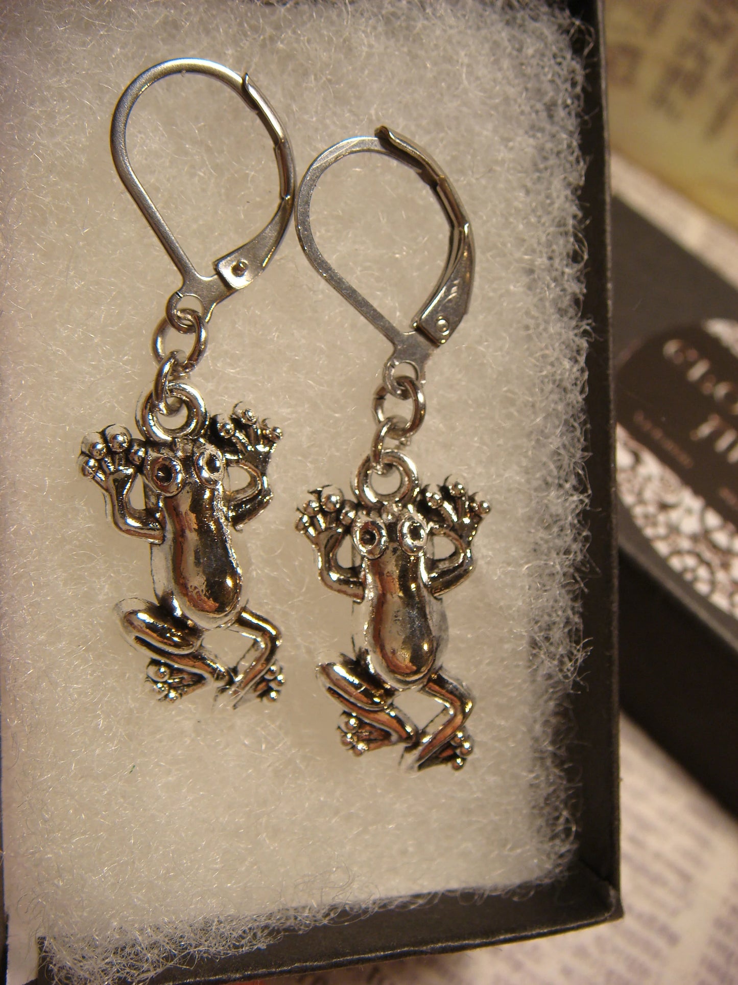 Frog Dangle Earrings in Antique Silver