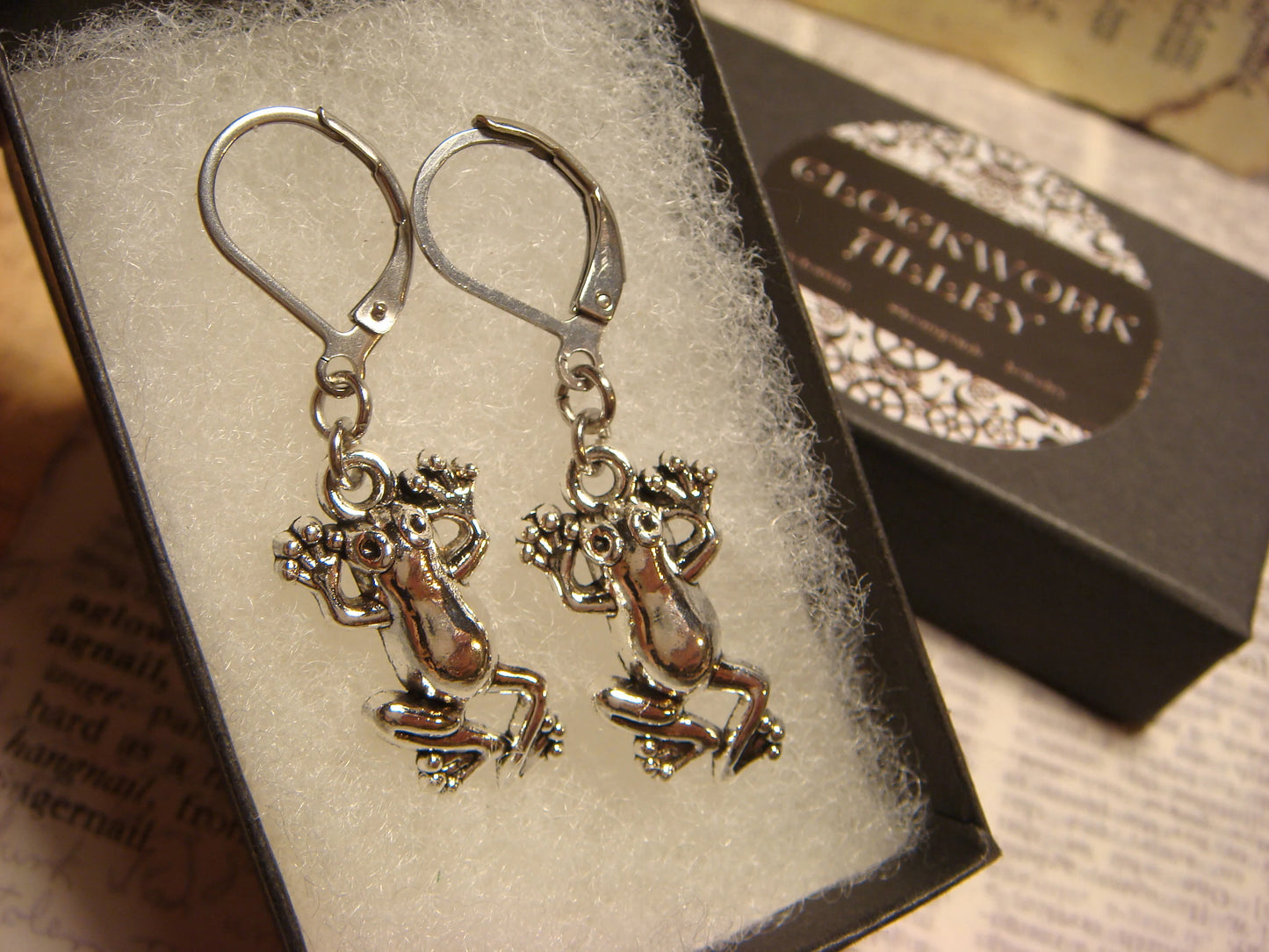 Frog Dangle Earrings in Antique Silver