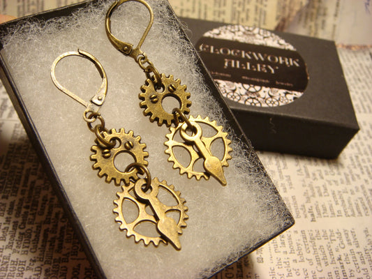 Gears and Watch Hands Dangle Earrings - Bronze