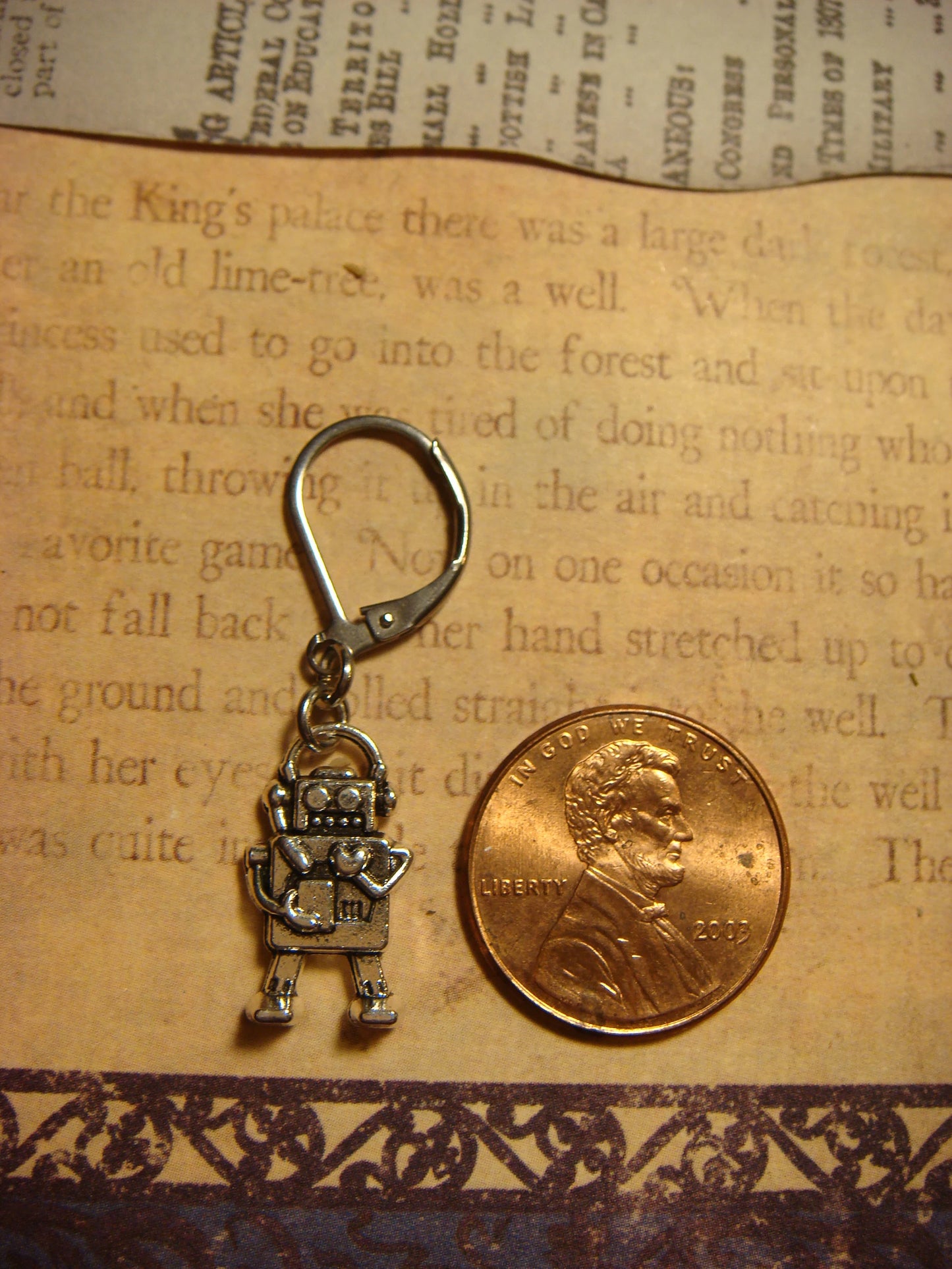 Robot Dangle Earrings in Antique Silver