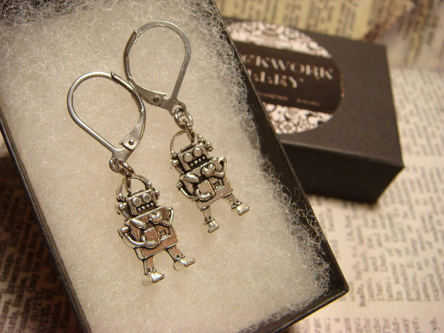 Robot Dangle Earrings in Antique Silver