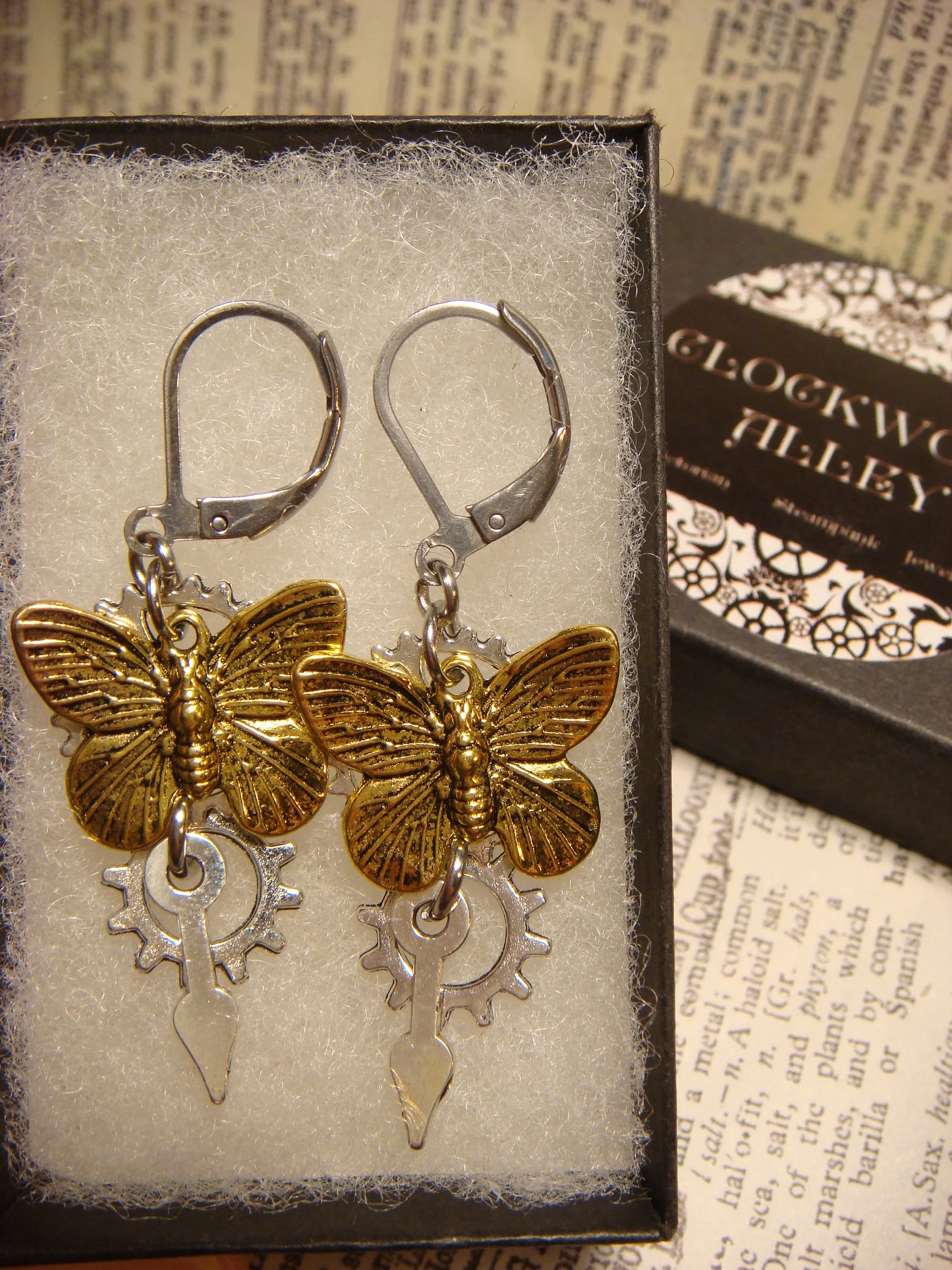 Butterfly and Gears Dangle Earrings in Antique Gold and Silver