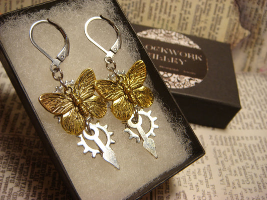 Butterfly and Gears Dangle Earrings in Antique Gold and Silver