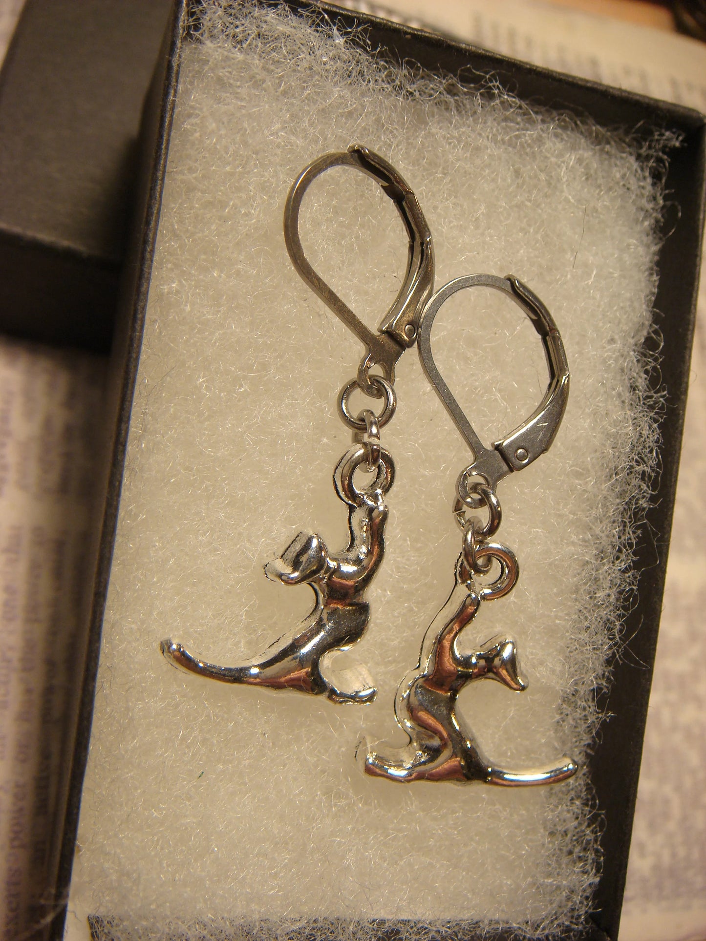 Stretching Cat Dangle Earrings in Antique Silver