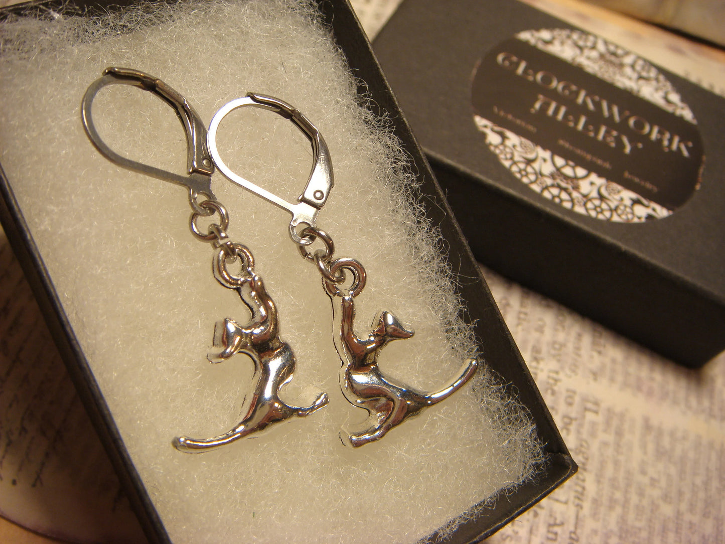 Stretching Cat Dangle Earrings in Antique Silver