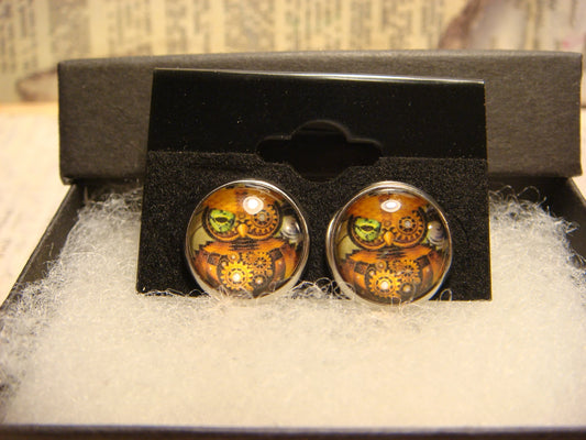 Steampunk Owl Image Stainless Steel Stud Earrings