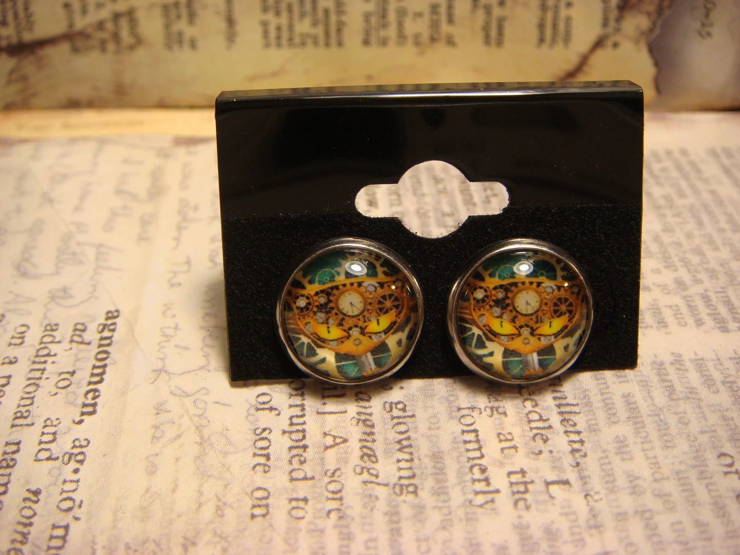 Steampunk Cat Image Stainless Steel Stud Earrings