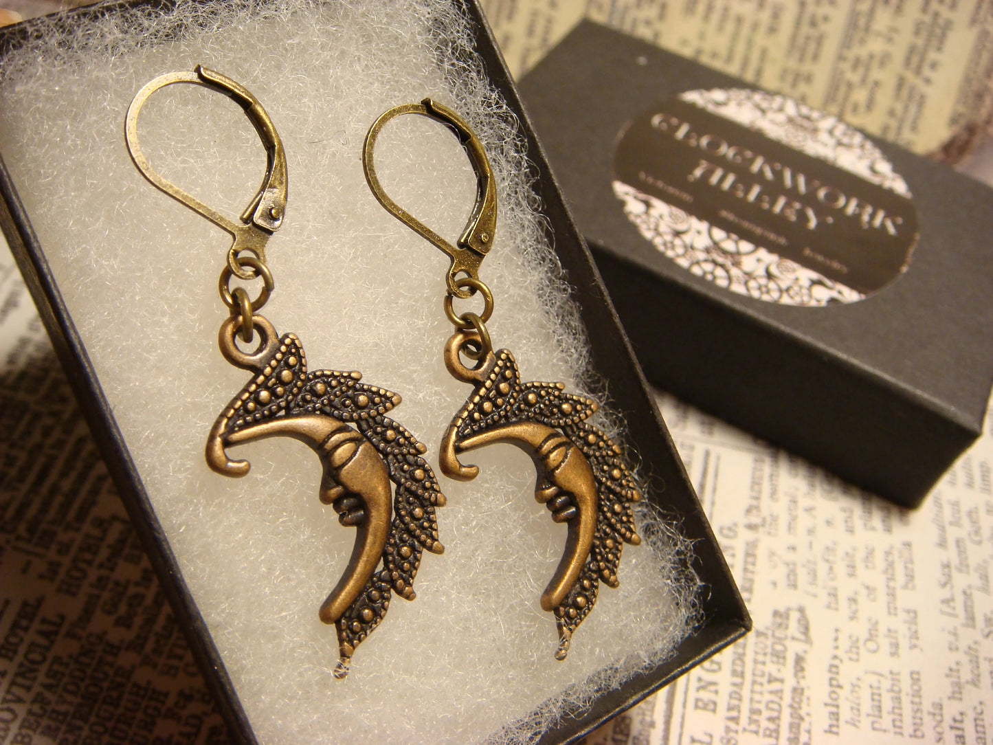 Moon Face Dangle Earrings in Antique Bronze