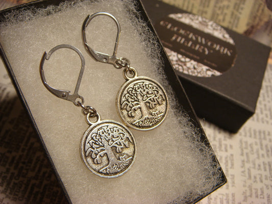 Tree of Life Charm Dangle Earrings in Antique Silver