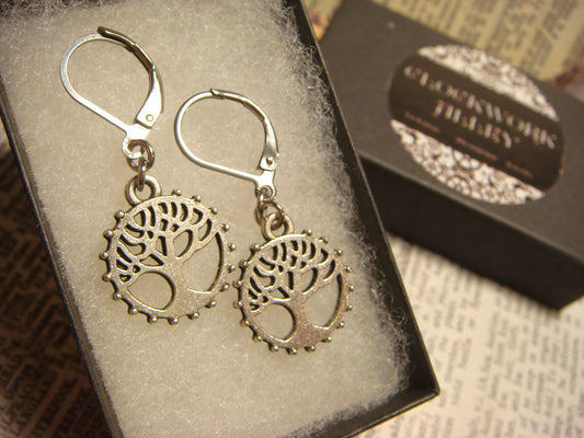 Tree of Life Cog Dangle Earrings in Antique Silver