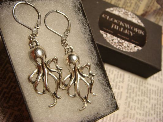 Octopus Dangle Earrings in Antique Silver