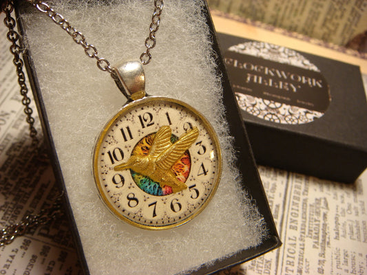 Hummingbird over Clock Pendant Necklace