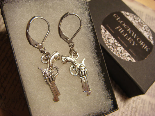 Revolver Gun Dangle Earrings in Antique Silver